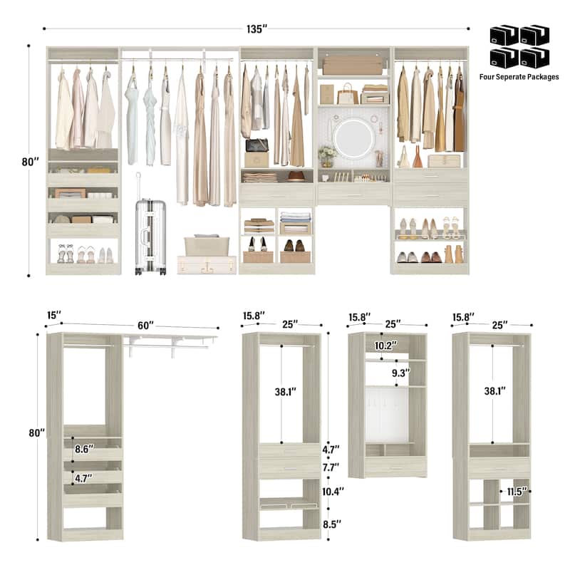 135" Set of 4 Closet System with 7 Drawers and 4 Hanging Rods, Heavy Duty Walk-In Closet Organizer with Adjustable Shoe Rack