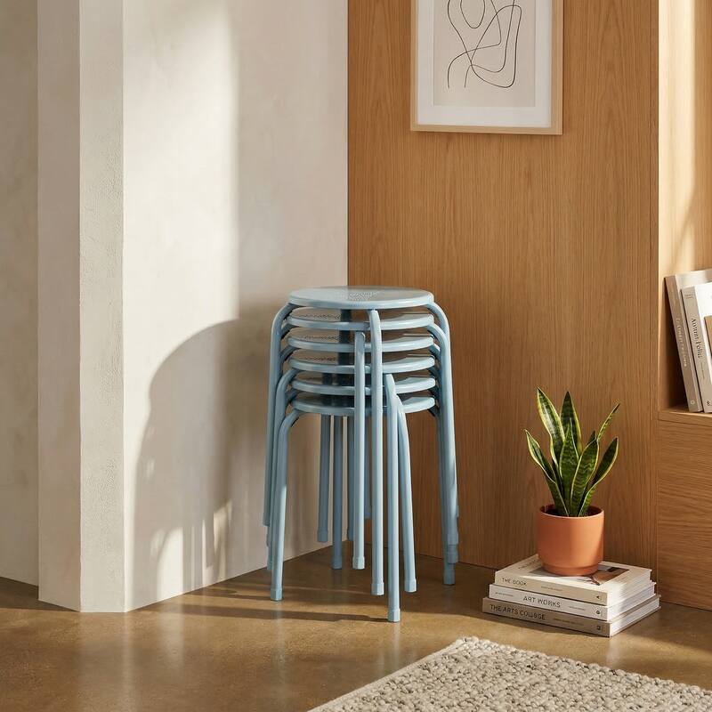 FurnitureR Metal Round Stool Set of 4/6 Stackable Backless Stools for Kitchen Home - Blue-6PCS