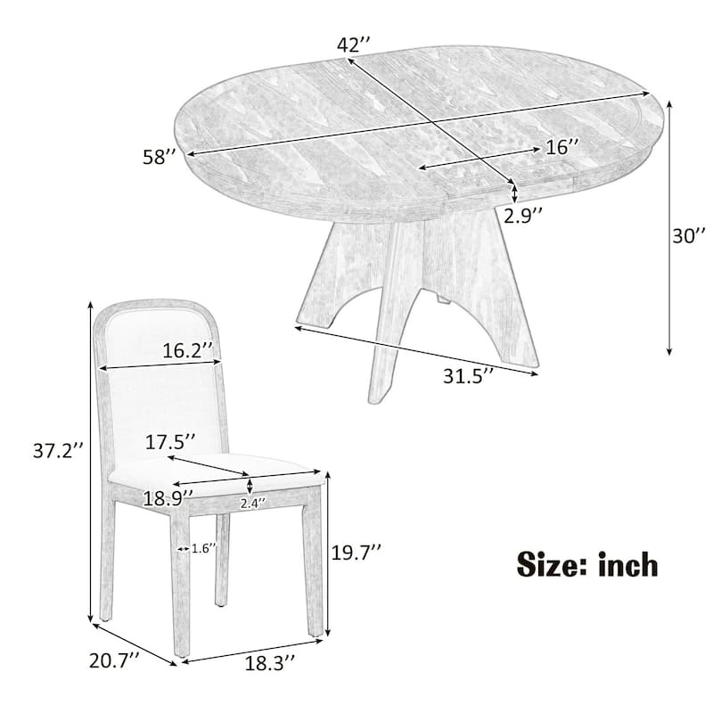 5-Piece Dining Set, 42" Extendable Vintage Dining Table with 4 Upholstered Chairs