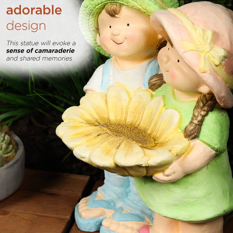 Boy and Girl Statue Holding Sunflower Birdbath