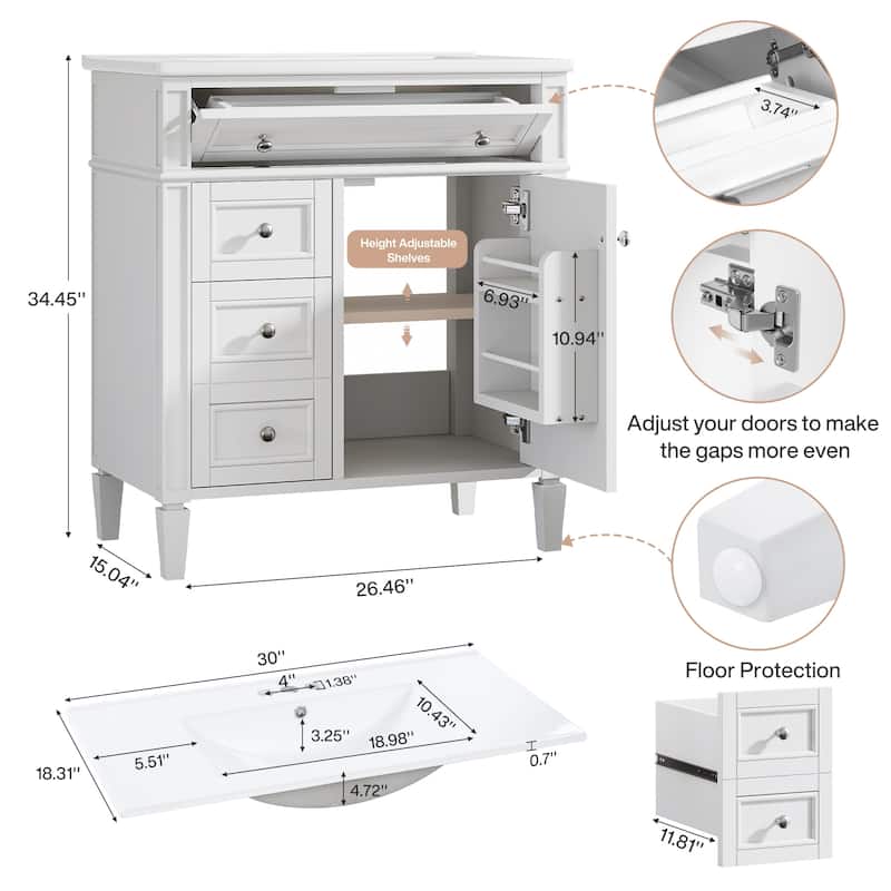 36'' Freestanding Bathroom Vanity with Integrated Ceramic Sink, Tip-Out Drawer, Door Organizer