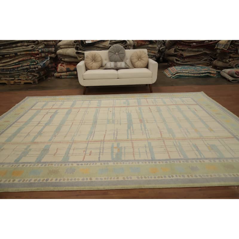 Hand Knotted Oriental 100% Wool Carpet Modern Geometric Beige & Ivories Gabbeh Area Rug - 12' 0'' X 9' 3''