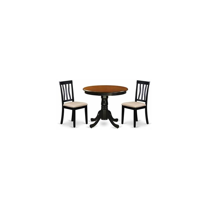3-Piece Round Black Finish Solid Wood Top Dining Table with 2-Chairs with