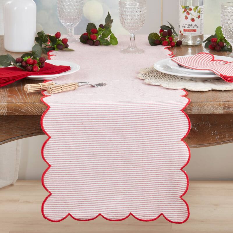 Cotton Striped Scalloped Table Runner - Everyday Woven Table Runner for Dining & Console Tables, 16"x72"