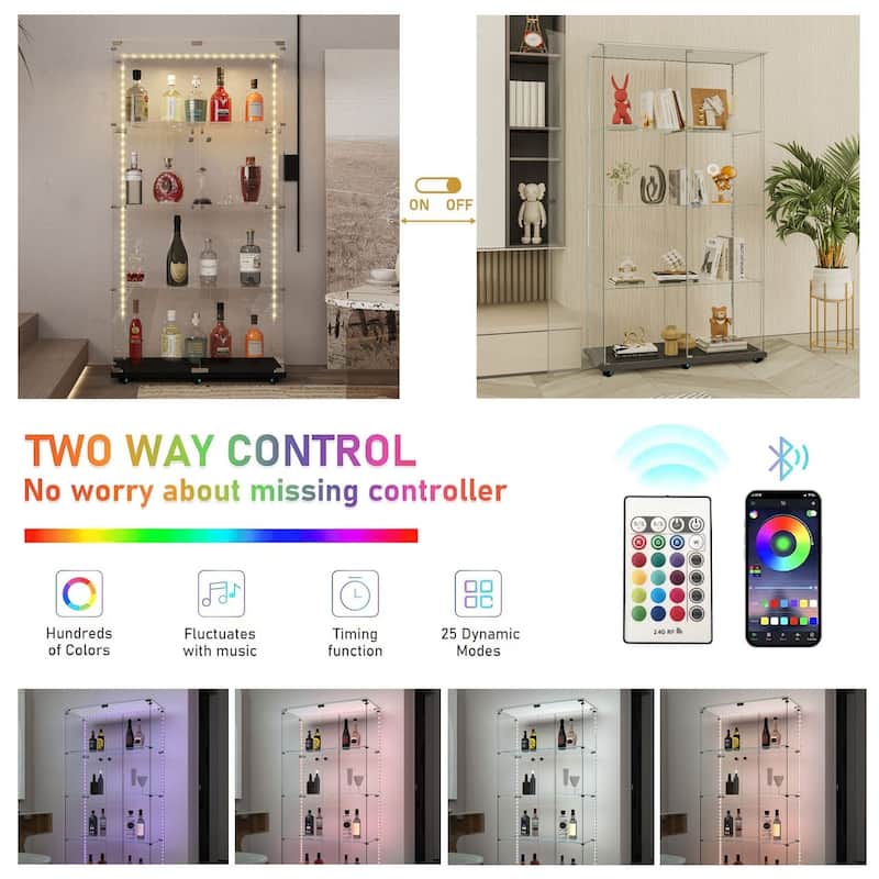 Tempered Glass Display Cabinet with Bluetooth LED Lights, Locking Casters, Wine and Curio Storage Cabinet