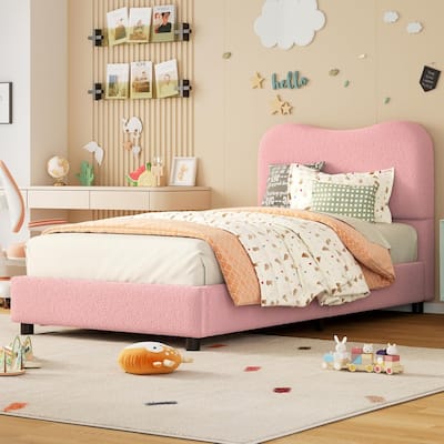 Kids Upholstered Platform Bed, Soft Boucle Fabric with Low Profile Frame & Wood Slats, Boys/Girls Bedroom