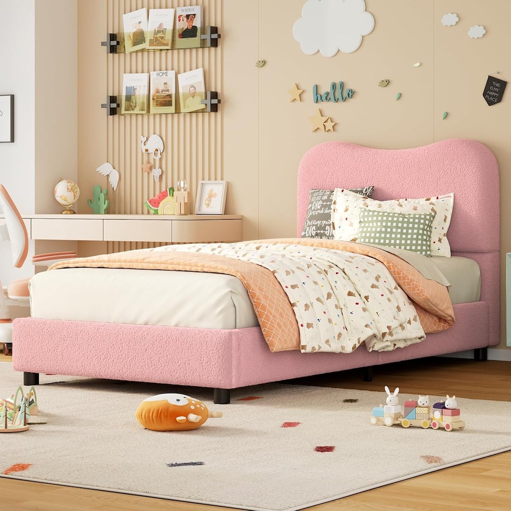 Kids Upholstered Platform Bed, Soft Boucle Fabric with Low Profile Frame & Wood Slats, Boys/Girls Bedroom