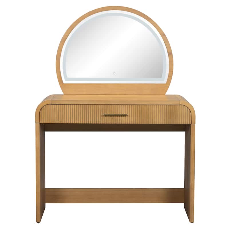 39" Makeup Vanity Table with LED Touch Screen Lighted Mirror, Curved Dressing Table Office Desk with Drawer