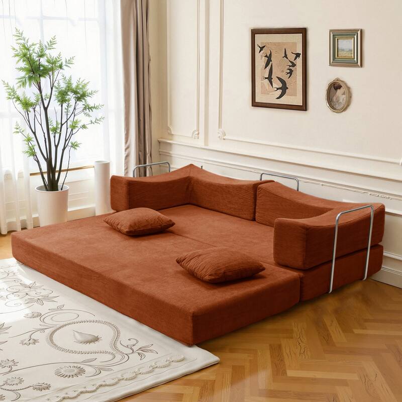 2-in-1 Convertible Sofa Bed, Memory Foam Mattress, No Assembly, Space-Saving for Living Room, Bedroom - Red-brown