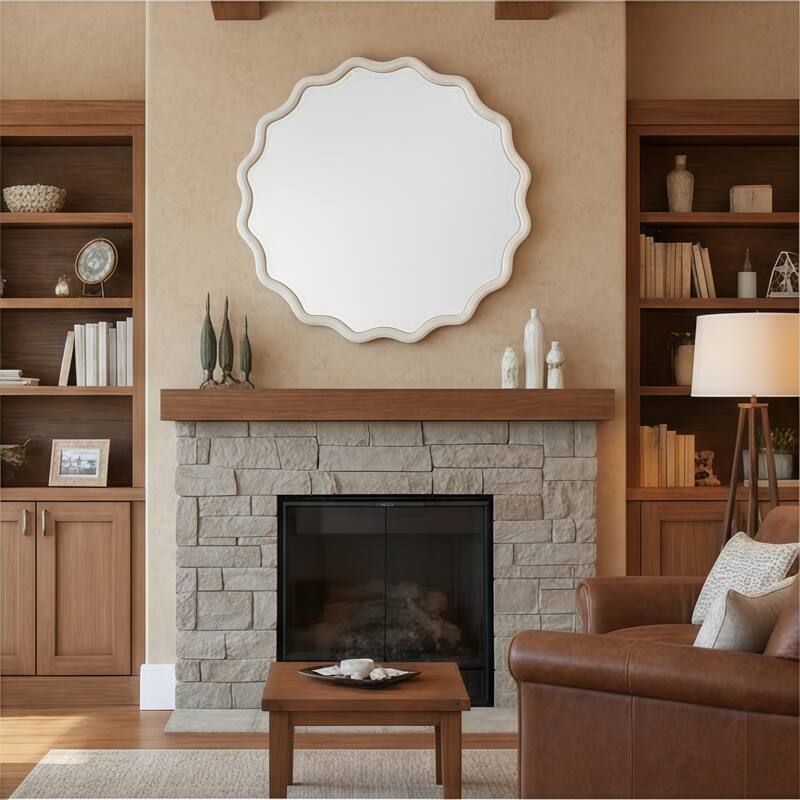 Wavy Round Solid Wood Frame Decorative Mirror - White