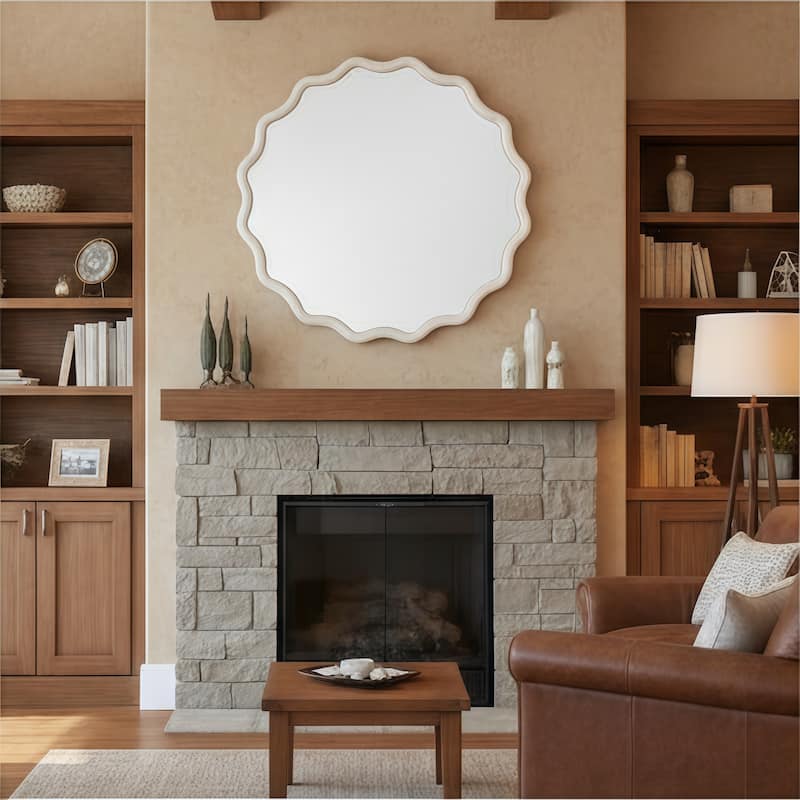 White Wavy Round Solid Wood Decorative Mirror - Bedroom, Bathroom, Living Room, Entryway