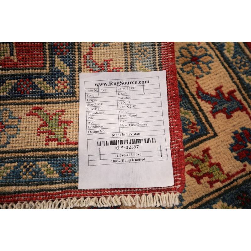 Geometric Kazak Accent Rug Traditional Handmade Red Wool Carpet - 2'0" x 3'0"