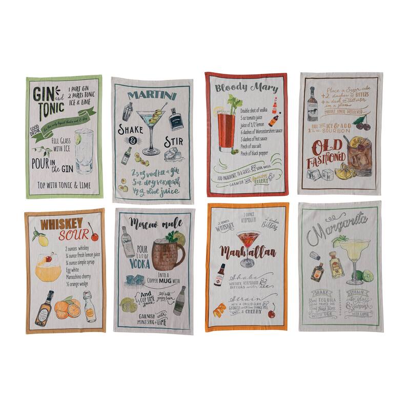 Cotton Printed Tea Towels with Cocktail Recipe Prints - 28.0"L x 18.0"W x 0.3"H - Set of 8 - 28.0"L x 18.0"W x 0.3"H - Multi