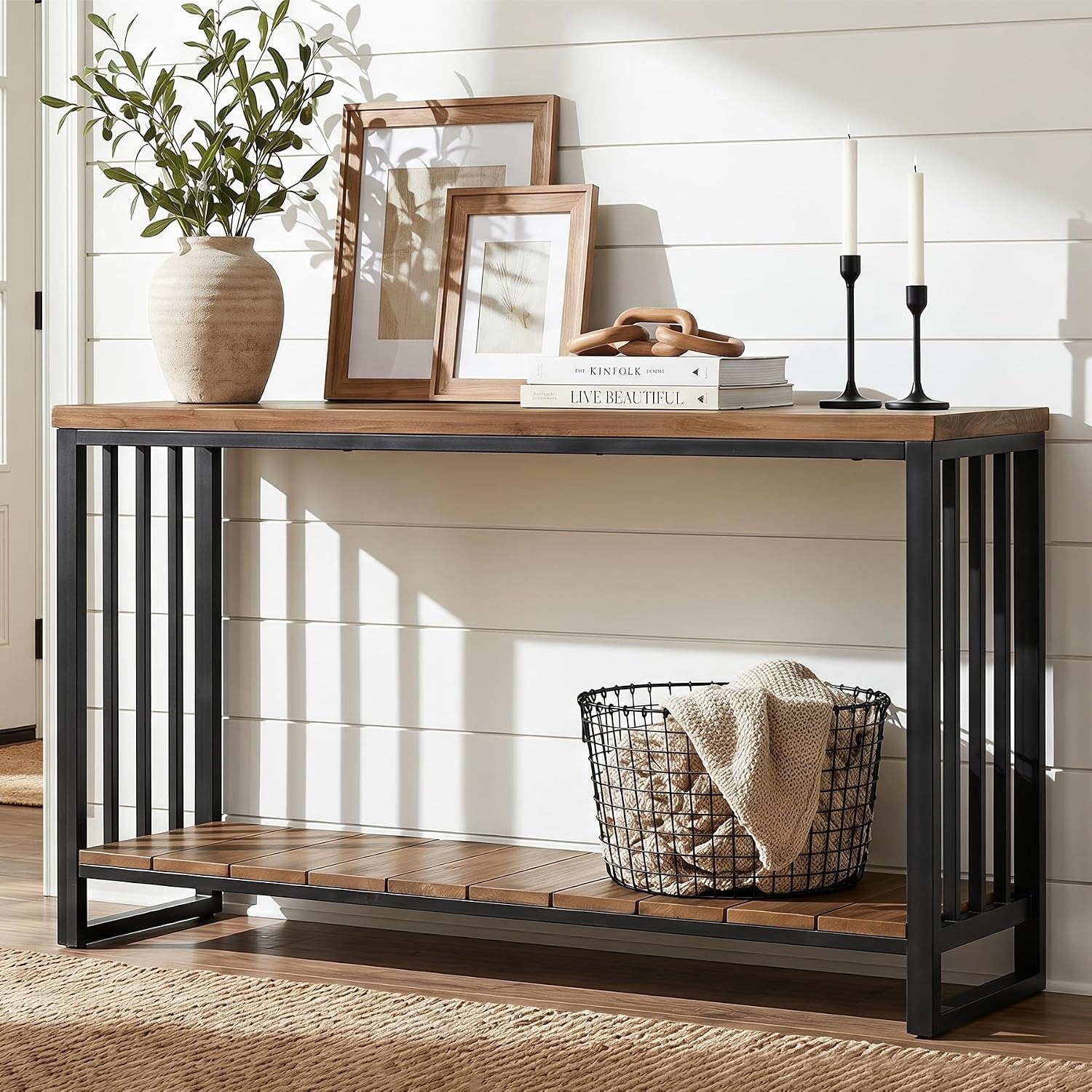 55-Inch Solid Wood Console Table, Industrial Entryway Table