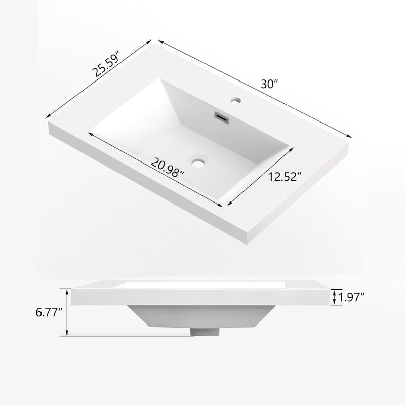 30" in. W x 26" in. D Modern Rectangular Integrated Resin Bathroom Sink Vanity Top One-Piece Design