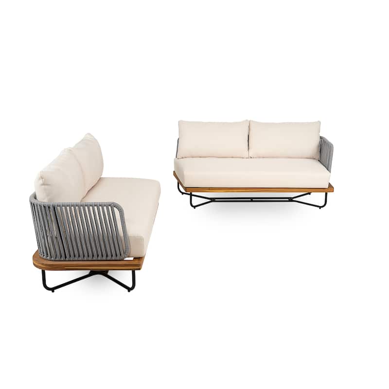 Roomfitters Outdoor Acacia Wood Rope Woven Left/Right Arm Sofa with Cushions, Beige