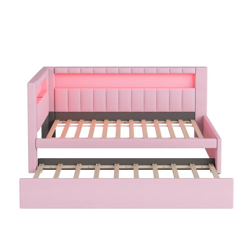 Twin Size Upholstered Platform Bed with USB Ports, LED Lighting, and Trundle in Pink