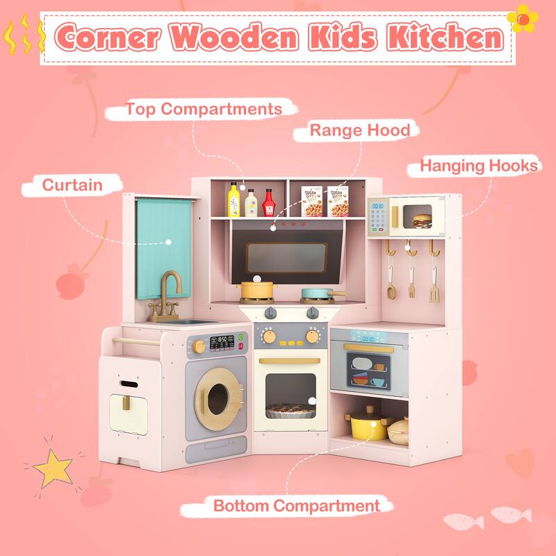 Gymax Corner Kitchen w/ Lights & Sounds Interactive Wooden Playset for