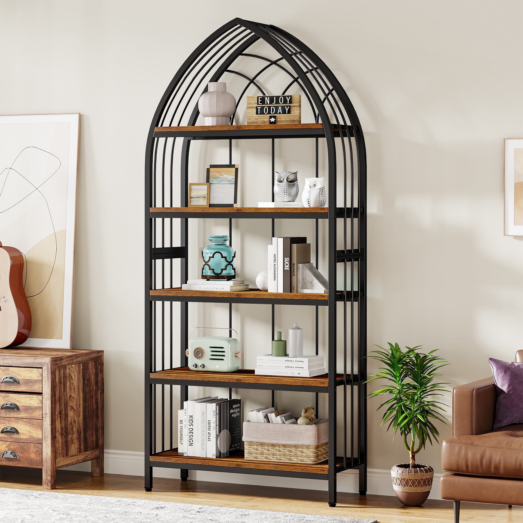 5-Tier Bookshelf Bookcase with Bow Top Design Open Display Storage Shelf for Home Office Living Room