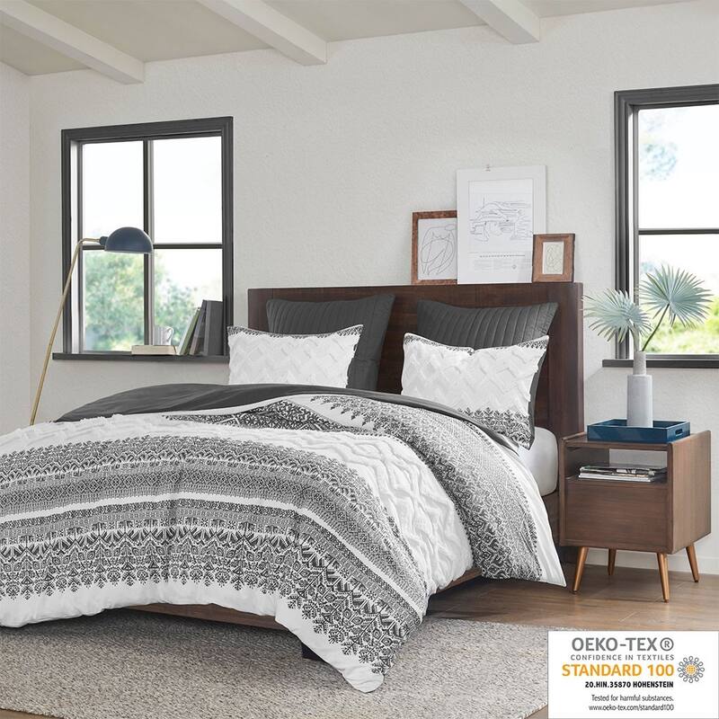 3 Piece Cotton Comforter Set with Chenille Tufting Gray Full/Queen