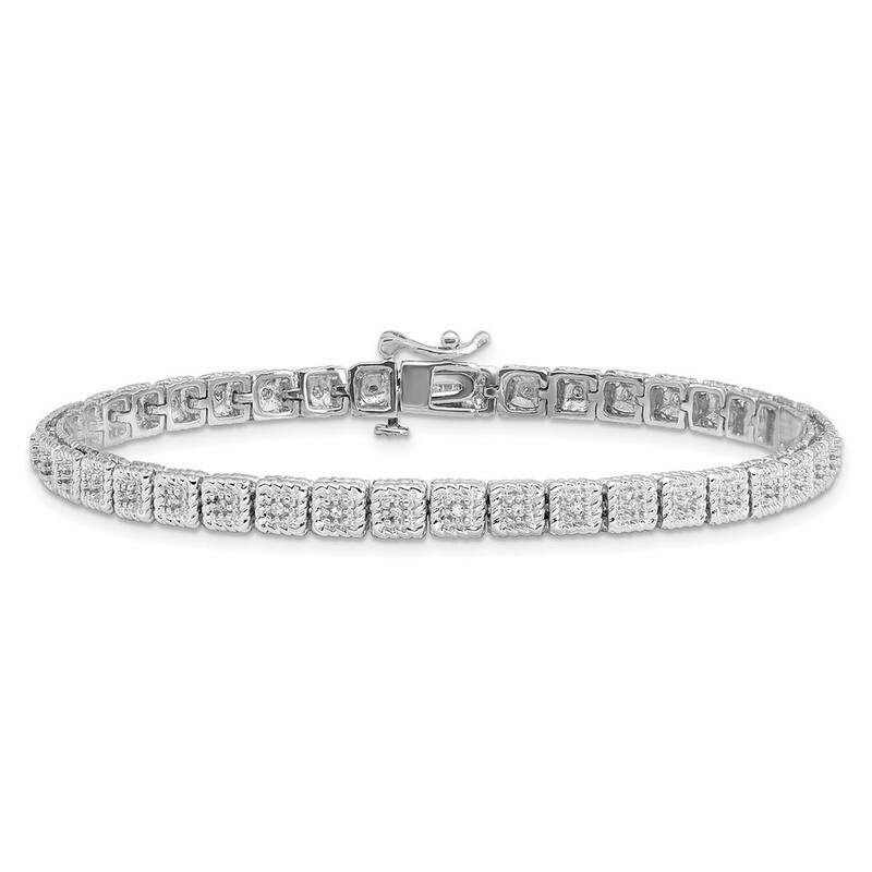 Curata 925 Sterling Silver Polished Box Catch Closure Rhodium Plated Diamond Bracelet