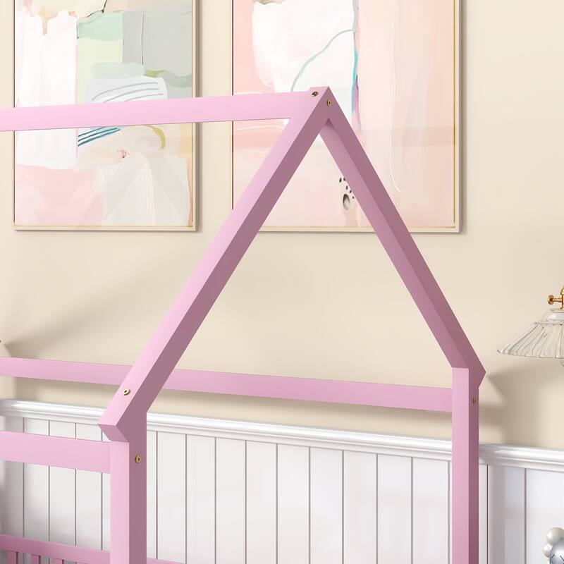 Full Size Wooden Floor Bed with House Roof Frame, Fence Guardrails for Kids, Bedroom
