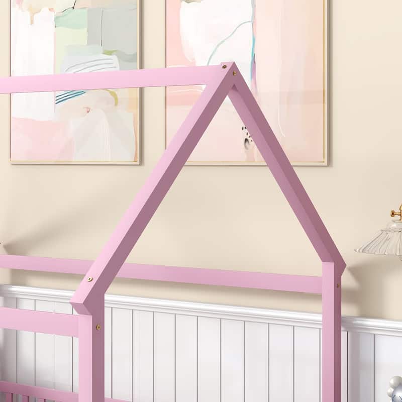 Grey Full Size House Frame Floor Bed with Safety Fence Design