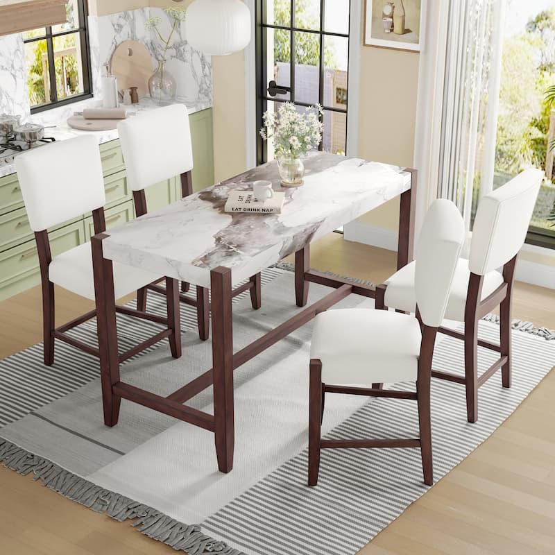 5-Piece Counter Height Dining Table Set with Faux Marble Table and 4 Upholstered-Seat Ergonomic Chairs, Anti-stain Surface - Beige+White