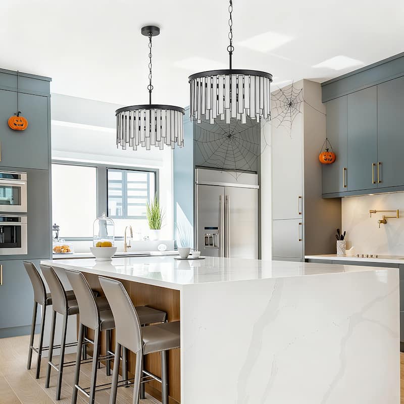 Tifany Modern 3-Light Drum Chandelier with Black White Glass for Kitchen Island Foyer - D16"* H15"