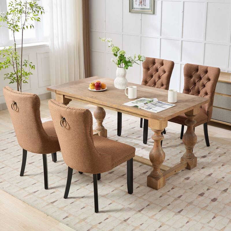 Upholstered Linen Dining Chair with Wood Legs Nailhead Trim 2-Pcs Set