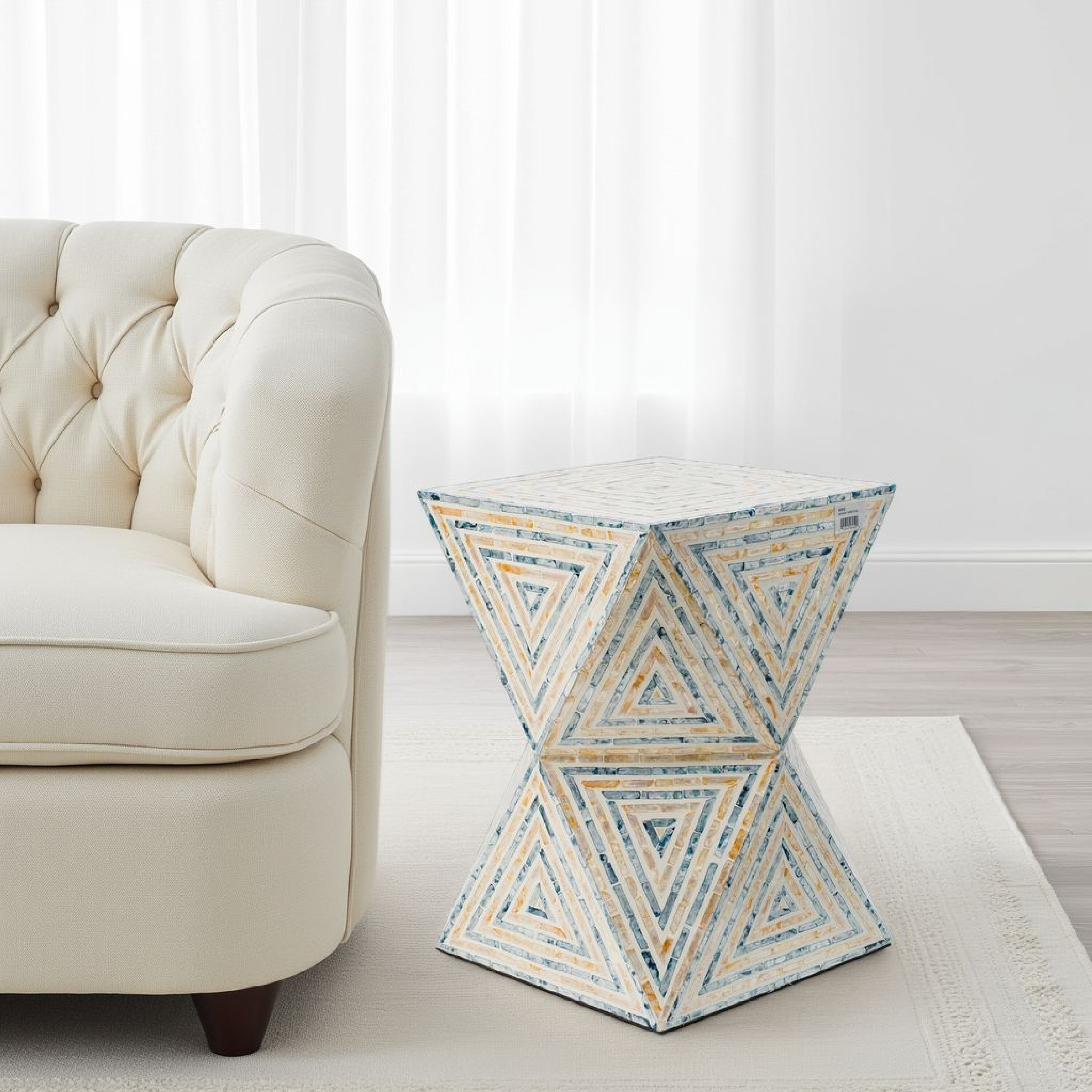 20 Inch Capiz Accent Stool Table, Hourglass Triangular, Off White Ivory