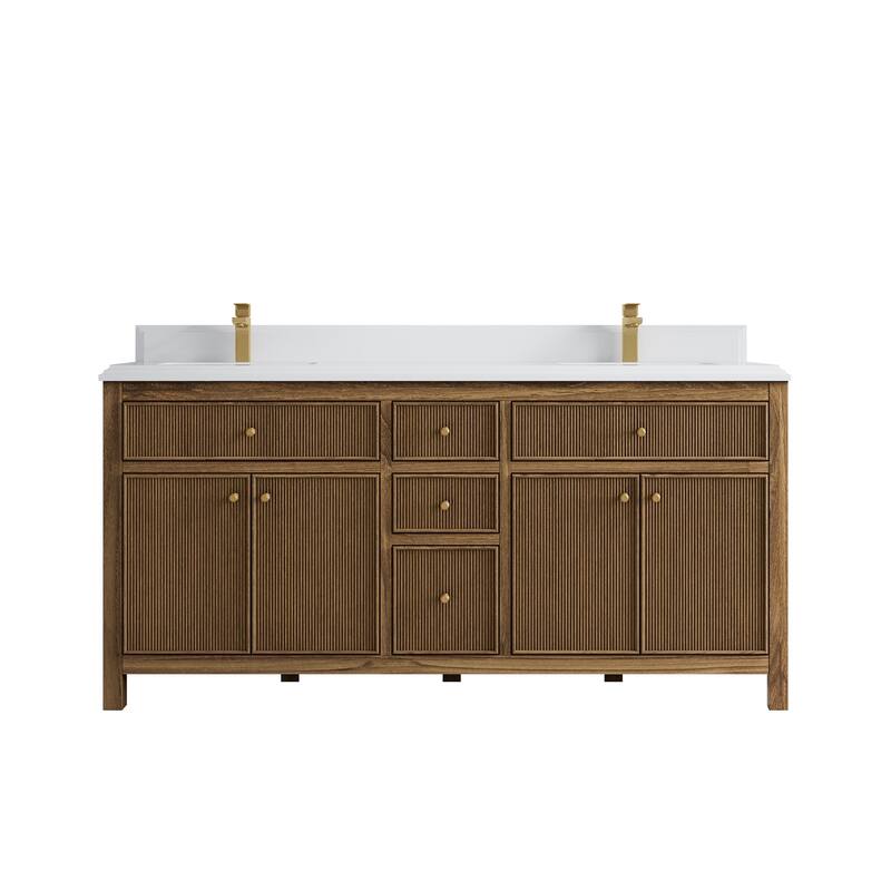 Willow Collections 72 in. W x 22 in. D Sonoma Teak Double Sink Bathroom Vanity with Countertop - 1.5" White Quartz - Dark Natural
