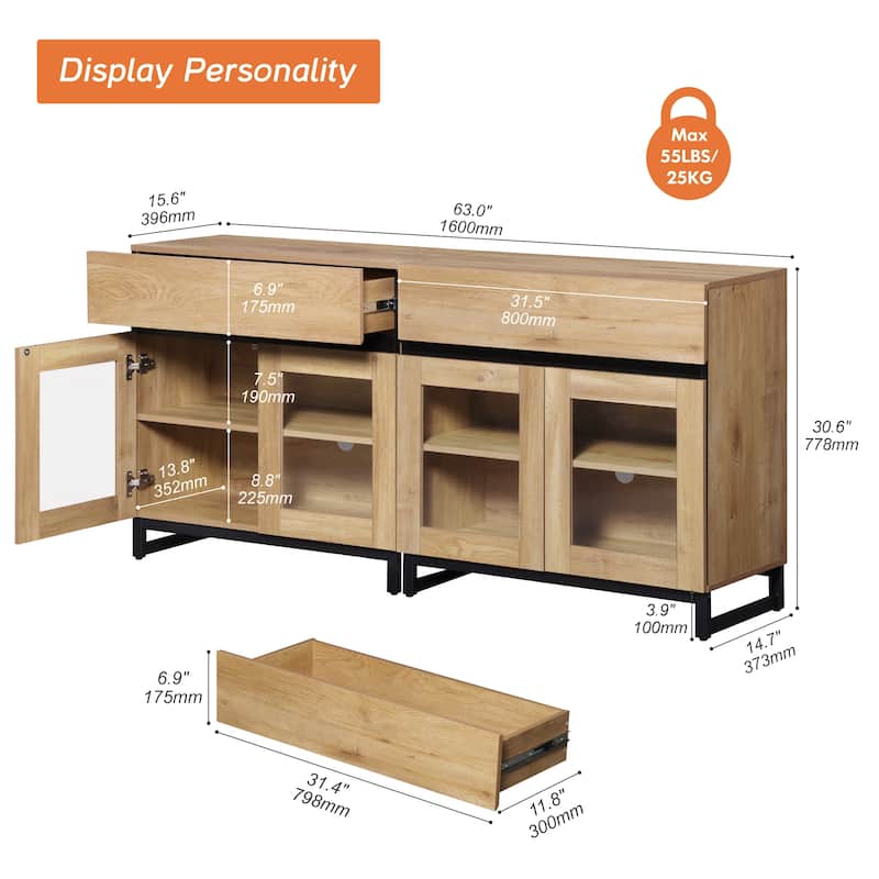 Modern Dresser With Glass Doors, Drawer, And Adjustable Shelf - Multifunctional Storage Cabinet For Living Room Or Bedroom