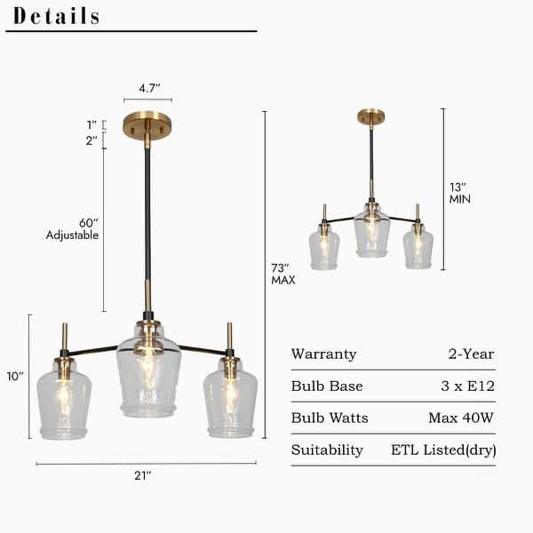 dimension image slide 3 of 4, Modern Farmhouse 3/5-Light Black Gold Chandelier Clear Glass Kitchen Island Pendant Lighting for Dinning Room