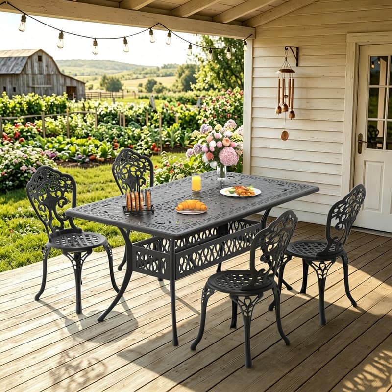 5 Piece Black Cast Aluminum Patio Set, 4 Chairs and 58.27 Inch Rectangular Table with Umbrella Hole