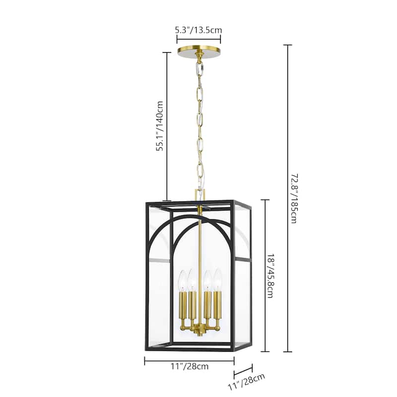 4-Light Mid-Century Modern Rectangular Lantern Pendant with Candlestick Clear Glass Shade - 48 in. W x 26.3 in. H
