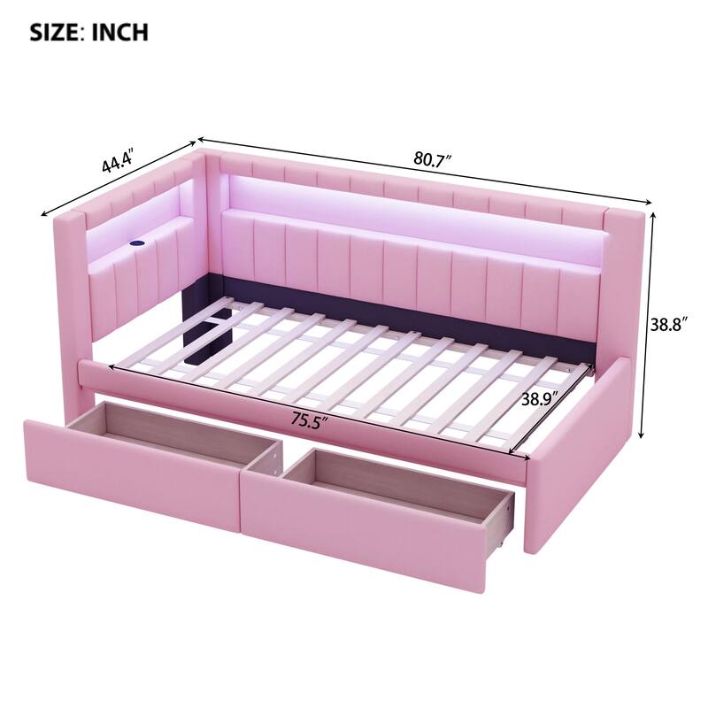 Upholstered Twin Size Platform Bed with USB Ports and LED Belt, With 2 Drawers