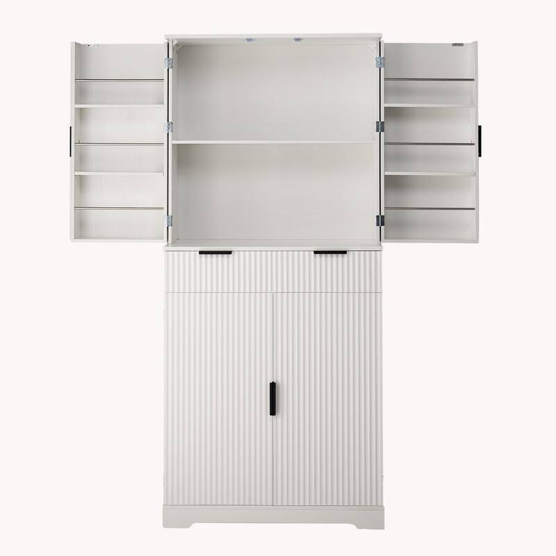Fluted Kitchen Pantry Cabinet, Freestanding Buffet Cabinet, Storage Cabinet with 3 Keyboard Drawers & 6 Adjustable Door Shelves