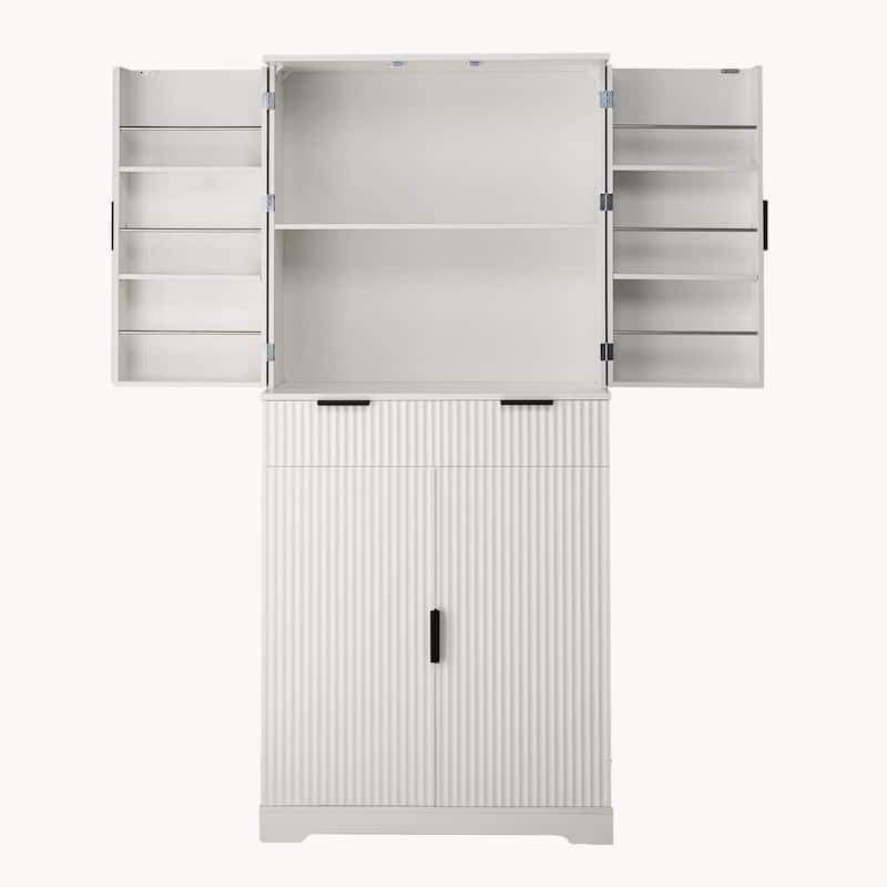 Fluted Kitchen Pantry Cabinet, Freestanding Sideboard Buffet Storage Cabinet with 3 Keyboard Drawers & 6 Door Shelves