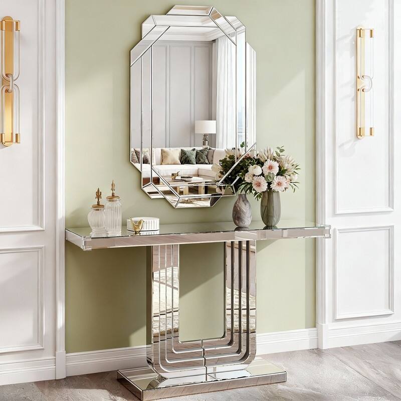 Mirrored 47" Console Table, Silver Entryway Table With U Base