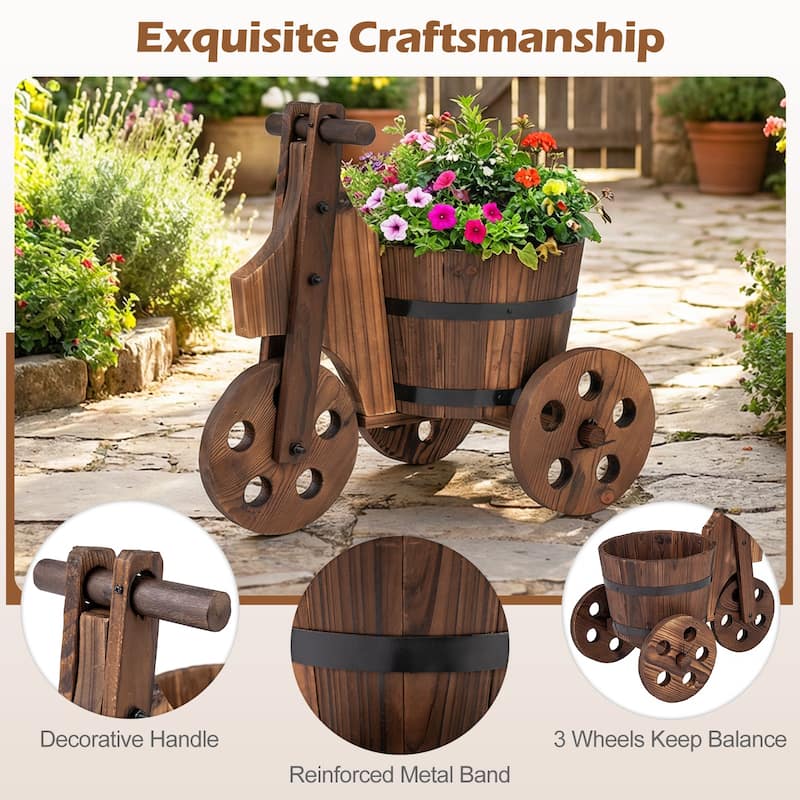 Gymax 2PCS Rustic Wood Tricycle Planter w/Barrel Pot & Drainage for