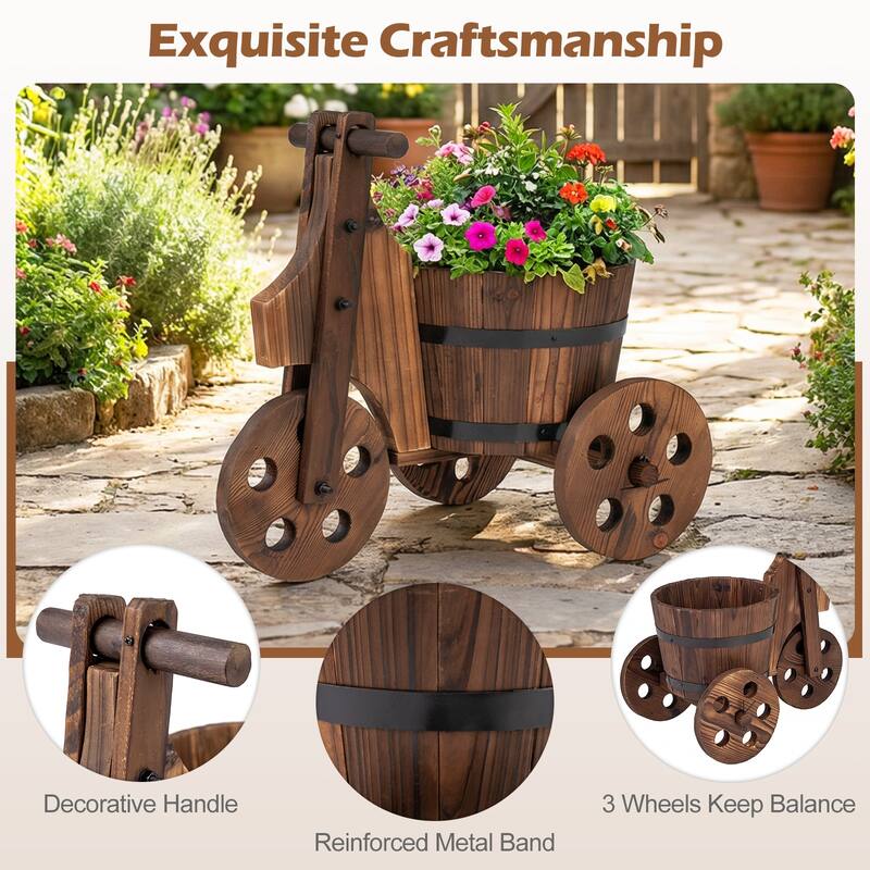 Gymax Rustic Wood Tricycle Planter w/Barrel Pot & Drainage for Patio