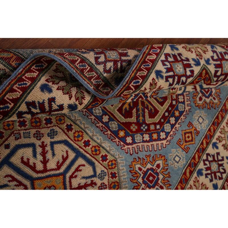 Blue Geometric Kazak Foyer Rug Bedroom Handmade Wool Carpet - 4'1" x 5'10"
