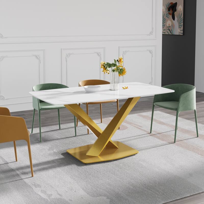 63" Modern Dining Table with Slate Stone Top and Metal Legs, Marble Dining Table - White&Gold