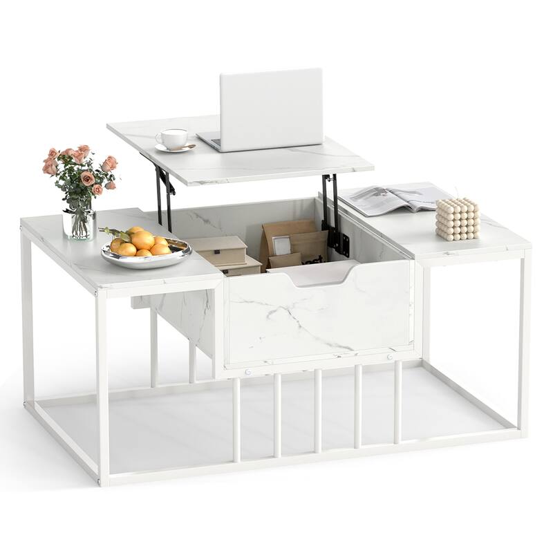Gymax Lift-Top Coffee Table w/ Hidden Storage & Heavy-Duty Metal Frame - White - Wood