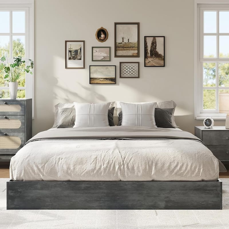 Space-Saving Sturdy Floor-Standing Platform Bed Frame, No Box Spring Needed, Black Grey - Full