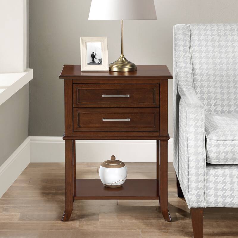 2 Drawer End Table with Shelf Transitional Storage Nightstand Solid Wood Legs Flared Base Beveled Edge Accent Table - 22