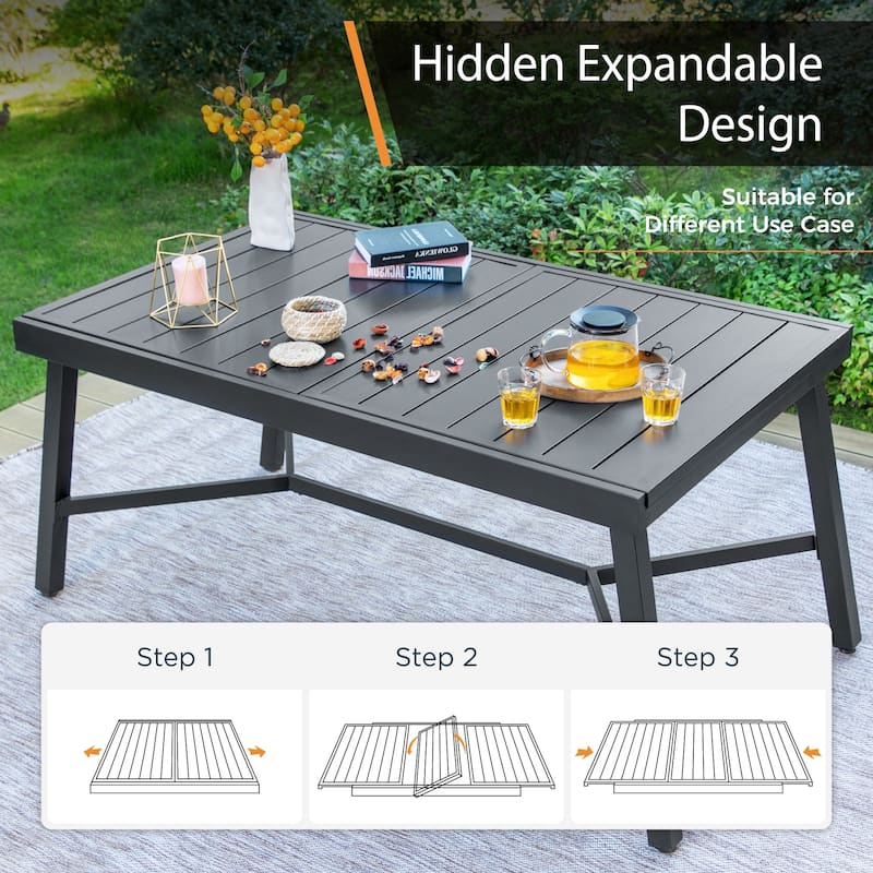 Expandable Metal Patio Dining Table for 6-8, Adjustable Legs, Black Grate Top