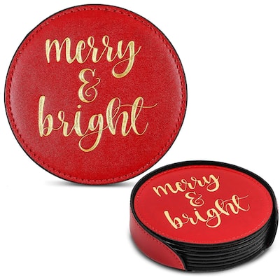 Christmas Drink Coasters Gift with Holder, Merry and Bright (Faux Leather, 7 Pieces)