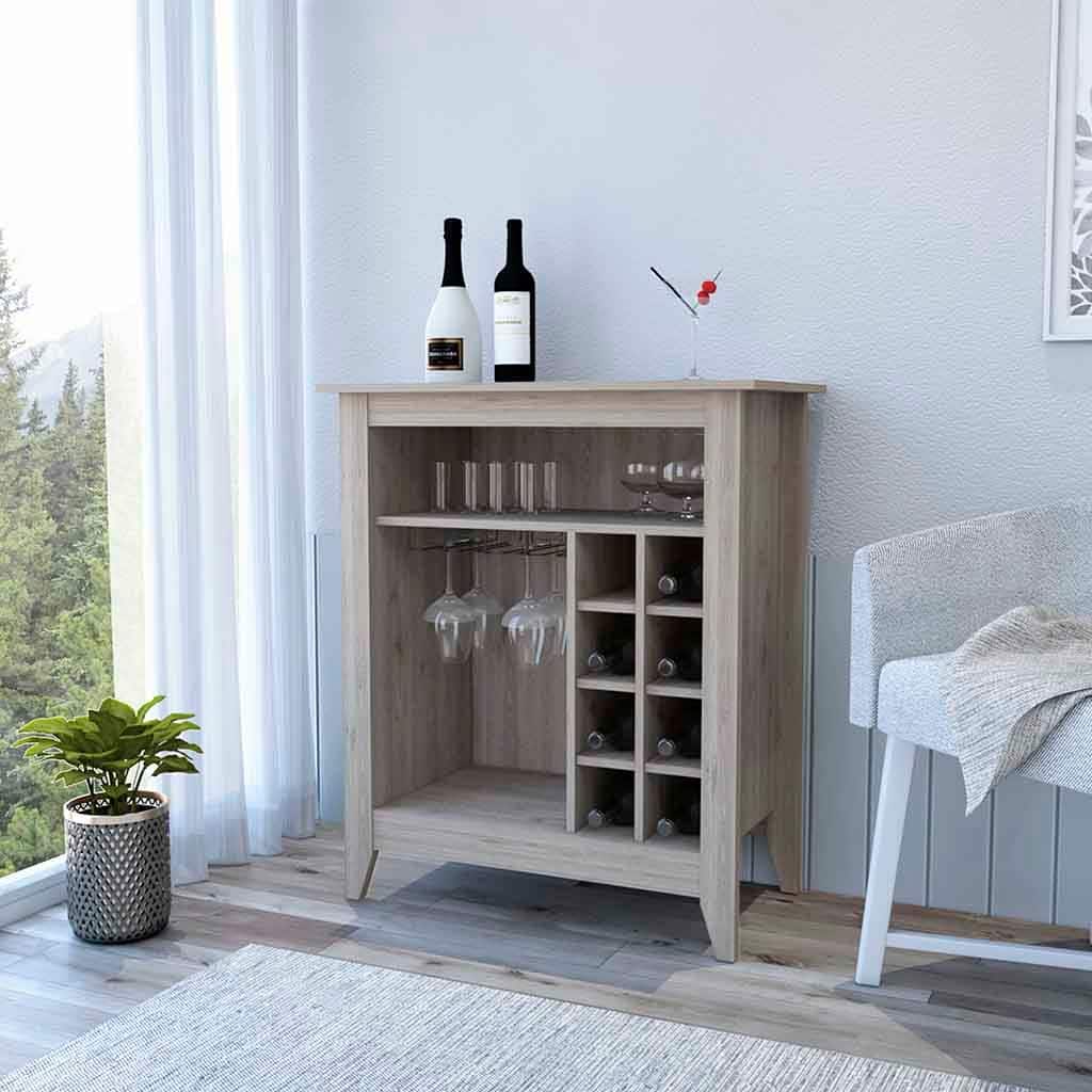 Bar Cabinet Castle, One Open Shelf, Six Wine Cubbies, Light Gray Finish,High quality and durable
